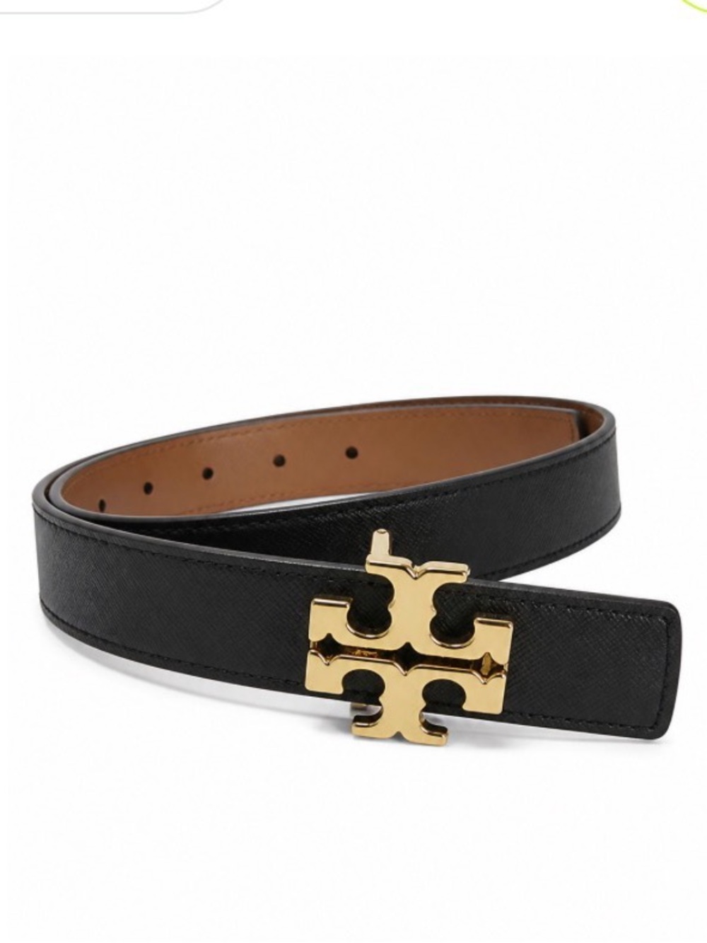 Tory Burch Blk/Br Leather Belt with Gold Double-T Buckle✨35” in length✨Preowned